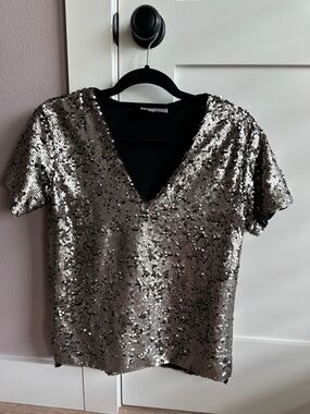 Anthropologie Silver Sequin V-Neck Women’s XS Top